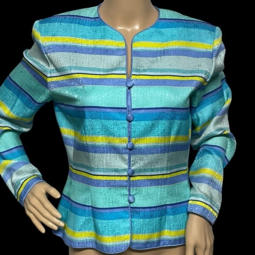 VTG Adrianna Papell Women’s Turquoise 6 Silk Striped Blazer Padded Shoulders EUC